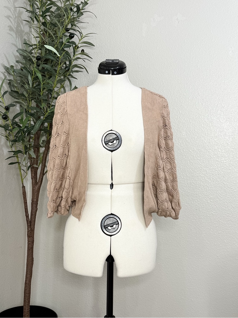 Grace Karin Taupe Open-Front Knit Cardigan with Balloon Sleeves